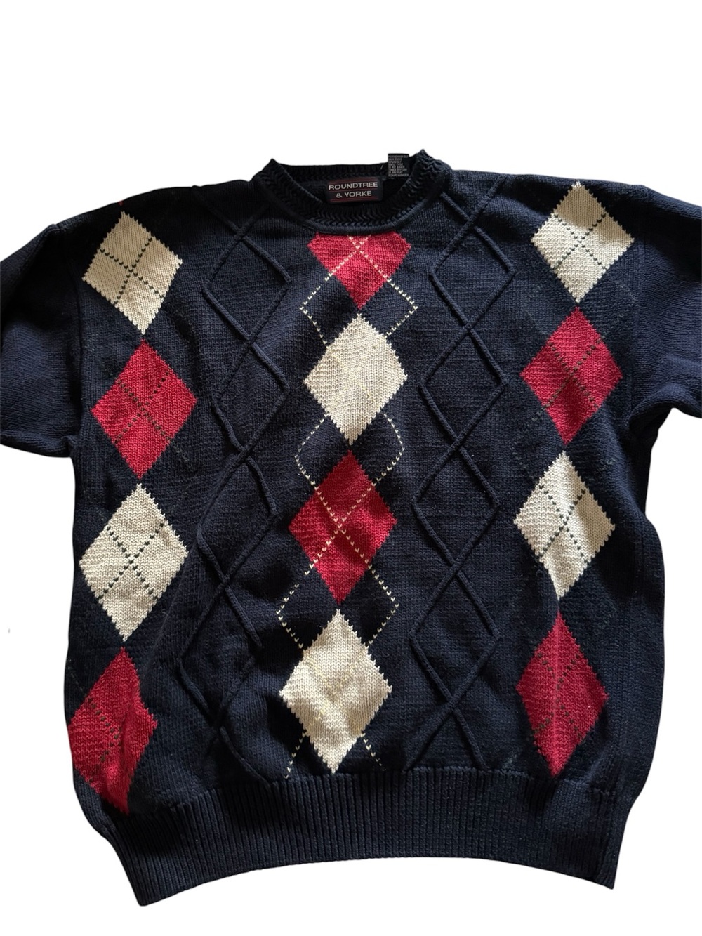 Roundtree & Yorke Men's Navy Argyle Crewneck Sweater - Navy/Red/Cream